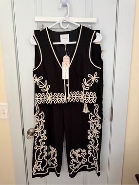 Black Embroidered Sleeveless Vest and Pants with Cream Trim